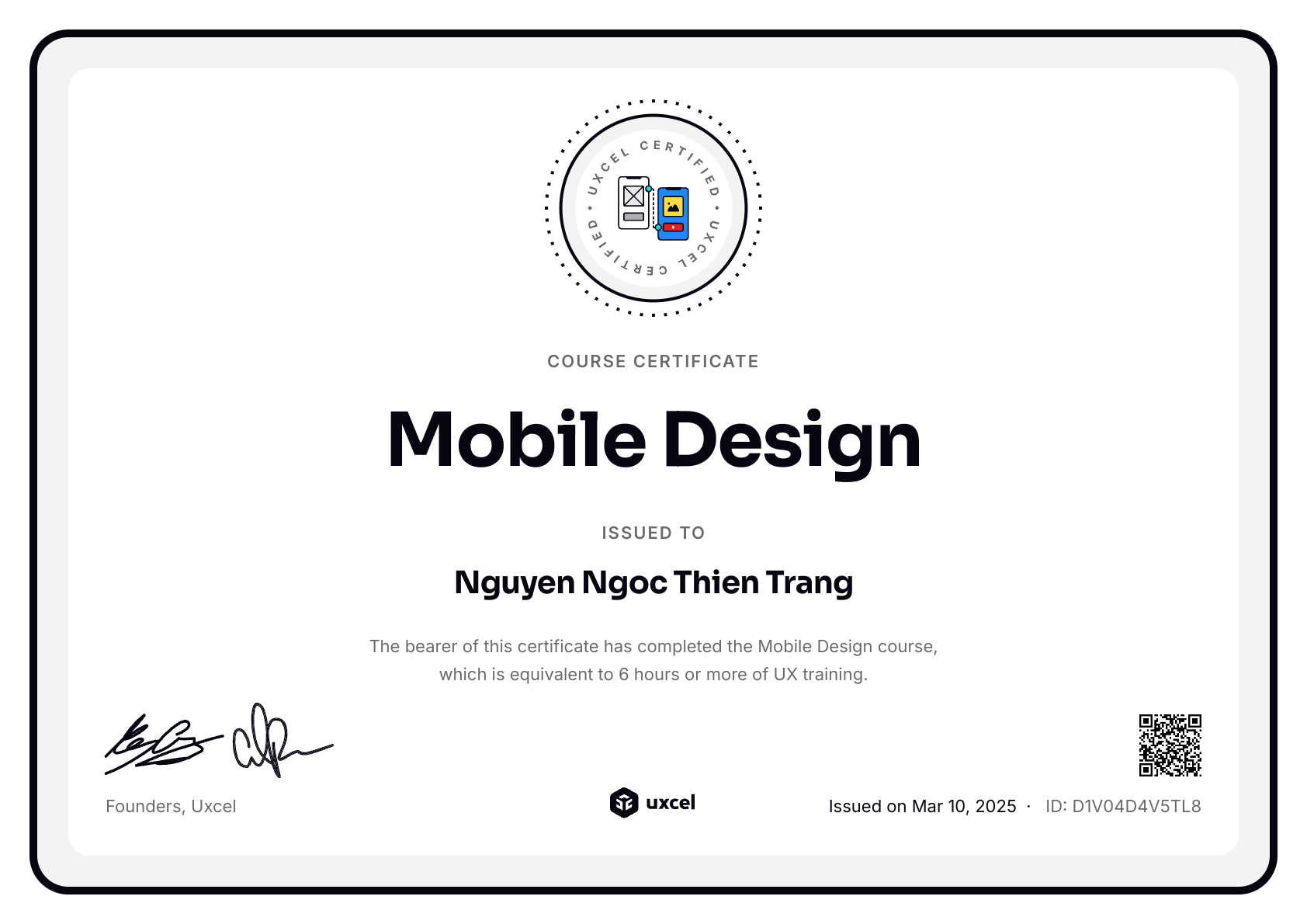 Nguyen Ngoc Thien Trang's certificate
